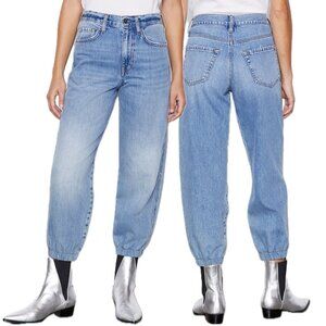 FRAME The Lounge Cotton High-Rise Barrel-Leg Elastic Cuffed Ankle Jeans (Chill)